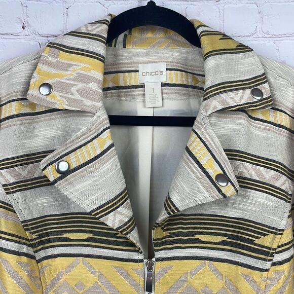 Chico's Aztec Print Jacquard Moto Style Jacket. Yellow.  Chico's size 1 (Med/8) - Picture 2 of 7